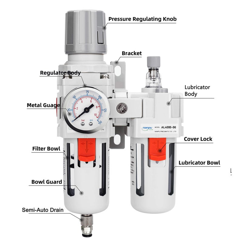 NANPU مجموعة منظم مرشح زيت الهواء المضغوط NANPU 3/4" NPT (FRL) فاصل ماء/زيت - مقياس (0-150 psi)، عنصر نحاسي 5 ميكرون، وعاء بولي، تصريف شبه تلقائي، قاعدة معدنية - Image 2